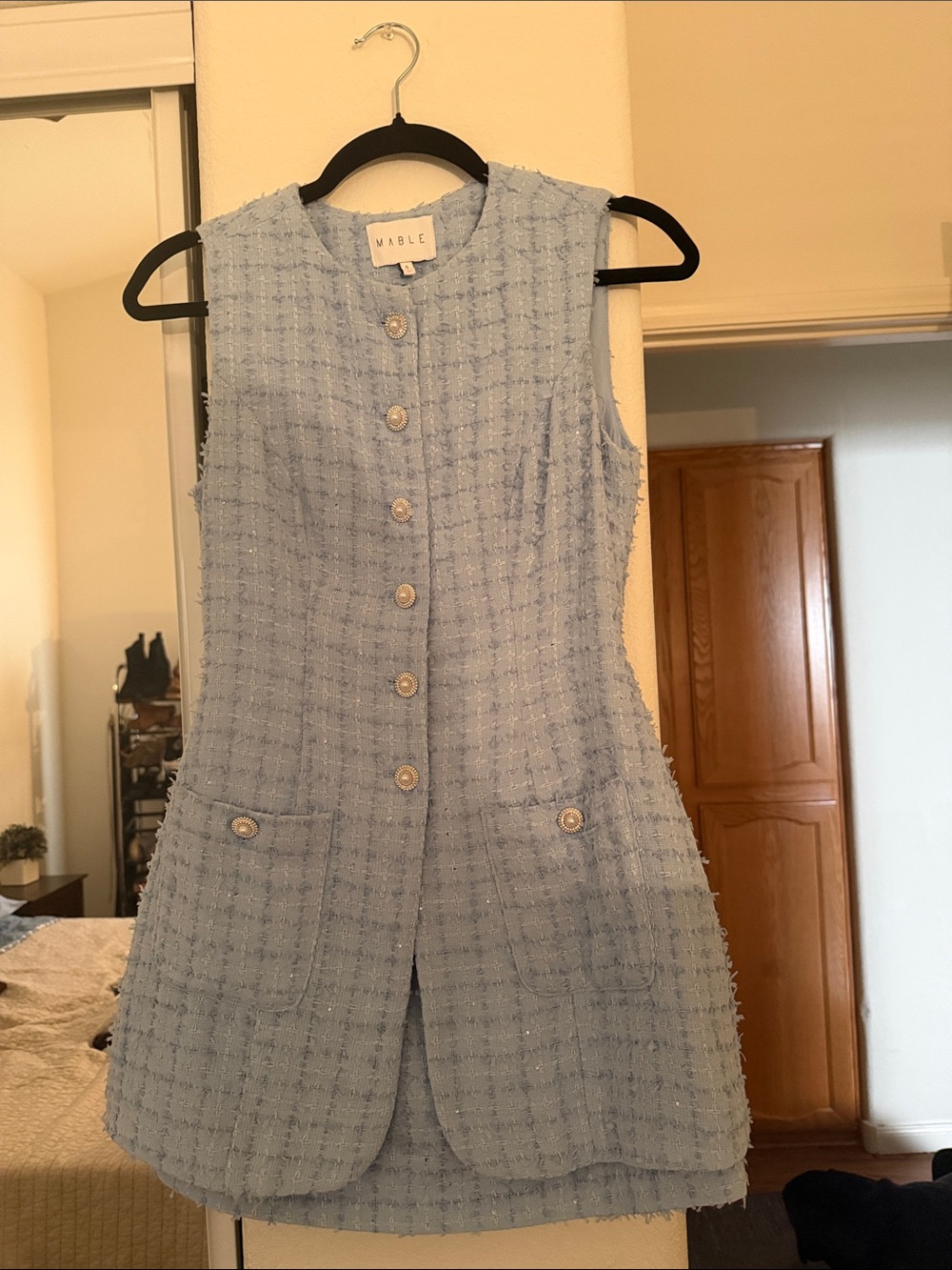 Mable Sleeveless Tweed Mini Dress in Light Blue